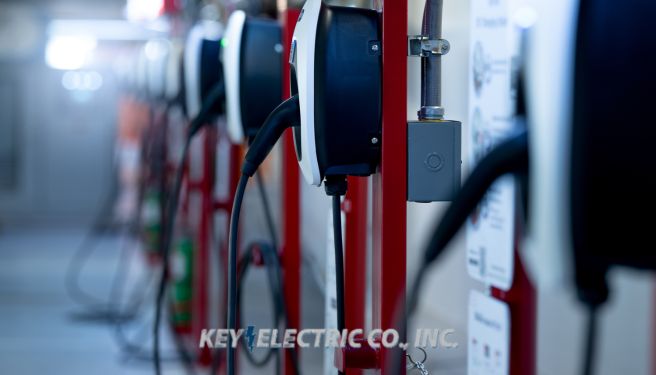 Certified Key Electric installer setting up an electric vehicle charging station, providing efficient and sustainable power options