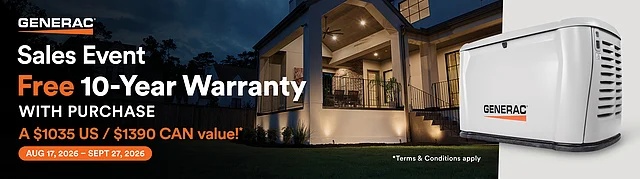 Generac Sales Event – 10 Year Warranty Generac 10-year warranty promotion for Plymouth County homeowners extending protection for their whole-home standby generator with Key Electric.